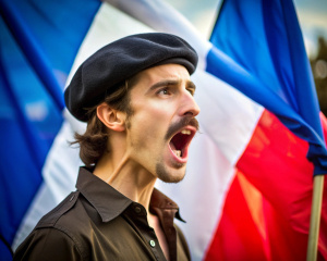 frances estereotipo hombre joven de perfil gritando con la bandera francesa de fondo, una boina y un bigote frances