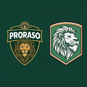 Proraso brand logos. Vintage logo featuring an old lion head with a green background and classic font. Modern logo with a sleek lion head on a dark green background and contemporary font. Both logos symbolize strength and nobility. Earthy color palette, classic Italian design.