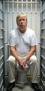donald trump wearing a white dirty t-shirt, sitting on a toilet, behind bars