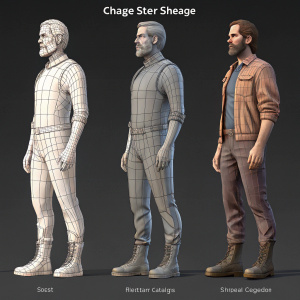 Detailed image showcasing different stages of 3D character modeling in Cinema 4D software. Basic shape to detailed humanoid form progression