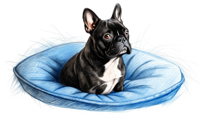 black french bulldog pen lying on dog bed black and white pen sketch white background