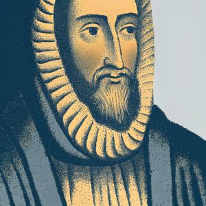 Detailed illustration of John Donne, a clergyman and poet of the Church of England. Wearing a robe with intricate folds. His facial expression is somber, with a full beard. Set against a plain background.