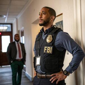Special Agent Omar Adom Oa Zidan, FBI badge prominently displayed, posing indoors. Partially visible figure in background