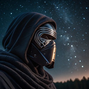 Close-up of Kylo Ren's mask. The dark, sleek design is highlighted against a starry night sky backdrop.