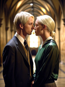 Harry Potter and Draco Malfoy kissing in the Hogwarts hallway