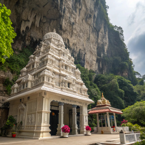 Immaculate Hindu shrine carved into the limestone cliffs of Selangor, Malaysia. Exquisite carvings, verdant foliage, and detailed statues adorn the multi-leveled structure. Earthy hues contrast with the vibrant atmosphere.