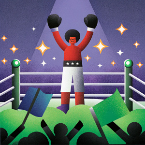 A colorful animation of a cartoon boxer resembling Manny Pacquiao. He is in a boxing ring surrounded by bright stadium lights and enthusiastic crowd.