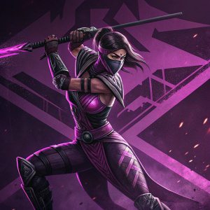 Digital artwork of Sadira from Killer Instinct. Dynamic fighting pose, dark and gritty aesthetic, purple and black colors with neon accents, detailed armor and weaponry. Abstract background with bold geometric shapes and dark shadows