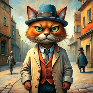 a mean-looking cat, dressed like greedy man in a casual wear, wearing a wrist watch and a baseball cap, and holding a gun, walking in a street, in the style of 'fantastic mr fox' cartoon, full view