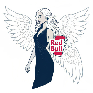 Vector art of an angelic figure, inspired by Daenerys from Game of Thrones, featuring Red Bull logo. Feminine form with large, white, wing-like structures. Limited color palette.