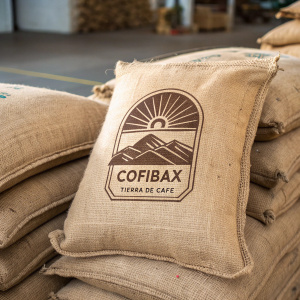 Coarse burlap sacks, stacked together, with a rustic and earthy design. Each sack features the stylized COFIBAX Tierra de Café logo, including a sunburst graphic. Used in the food industry.