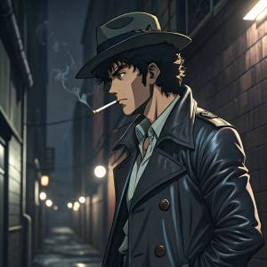 Spike Spiegel from Cowboy Bebop, wearing a leather jacket and fedora, smoking a cigarette in a dark alley.