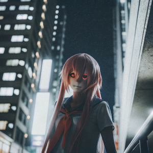 Yuno Gasai, anime character, in a dynamic pose, bright pink hair cascading down, striking red eyes. Background: vibrant cityscape at night