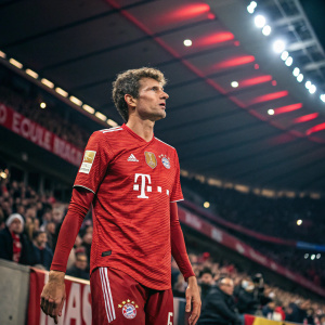 Thomas Müller, in his Bayern Munich home kit, intense focus, indoor soccer arena with spectators in the background