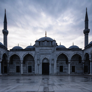 A stunning architectural view of the main entrance to Bayezid II Mosque in Istanbul, Turkey. The mosque's facade features large ornate stone carvings and multiple domes. Gray and beige tones with a weathered texture. A detailed stone work on the central archway and smaller arches.