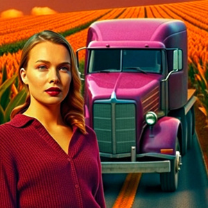 
truck on a road, surrounded by a corn plantation. realistic image