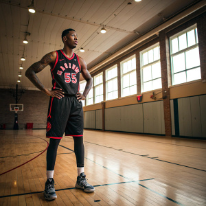 Delon Wright, donning his Toronto Raptors jersey with number 55, strikes a pose in an empty gym.