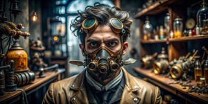 Maximalist, a young and handsome man,He wears a steampunk style insect mask covering half of his face.,he is an entomologist. His laboratory is full of experimental equipment and various types of insects. It is super real, realistic and fantastic, super fine, and details that cannot be ignored. 8K, wide-angle lens