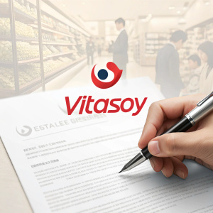 Professional branding document for Vitasoy's Korean market entry. Features bright red logo, formal Korean text, and sleek, minimalist design on a neutral beige background.