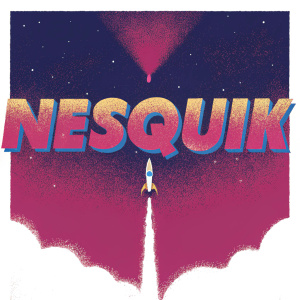 A vibrant Nesquik advertisement. A rocket shooting from the Nesquik logo, which gleams in bright yellow and blue. It's a poster