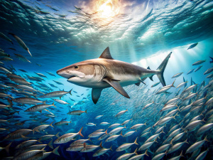 Le requin en train de chasser dans un banc de sardine en plein océan





