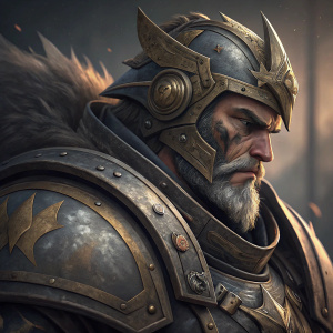Close-up of Reinhardt from Overwatch. Rough face texture. Dark, muted color palette with hints of gold. Detailed helmet and armor