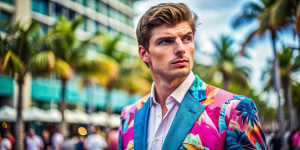 Max Verstappen stands in full high fashion attire inspired by the mid-80s "Miami Vice" series, incorporating a palette which subtly nods to his Dutch citizenship, poised to captivate at the 2024 Miami Grand Prix, professional photography, DSLR, analogue style.