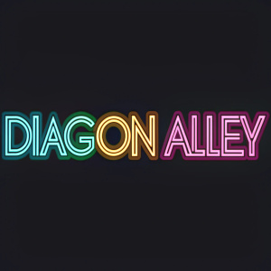 Digital illustration of Diagon Alley logo. Modern font, neon colors, black background
