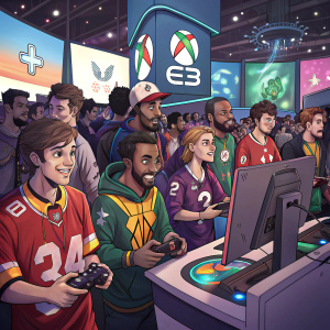 A diverse group of gamers at E3, all wearing team jerseys.