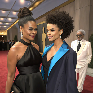 Nia Long and Britne Oldford at a gala event. Nia has a sleek bun, wearing a black dress. Britne has a curly afro, dressed in a black and blue ensemble. An older man in a light-colored suit and glasses stands in the background.