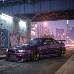 Illustration of a customized R34 GTR Nissan Skyline. Deep violet exterior. Beside a graffiti-covered concrete wall in an urban setting.