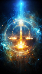 "Create an AI-generated image where the Libra zodiac sign's icon is depicted with abstract, illuminated effects set against a dark canvas."