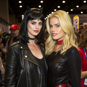 Krysten Ritter and Rachael Taylor at a Comic-Con event. Krysten in a black leather jacket and wig. Rachael with blonde hair. Crowded backdrop with cosplayers