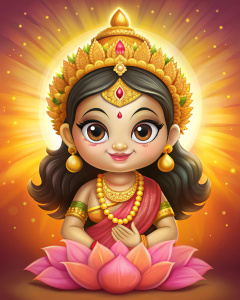 Cartoon image of Goddess Lakshmi Has a beautiful and cute face Looks respectful and faithful. and conveys love