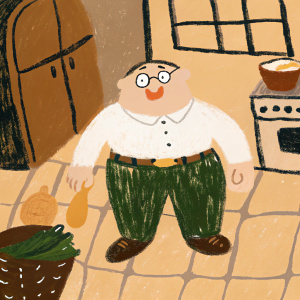 Peter Griffin from Family Guy, illustrated. He is a jovial but mischievous character. Wearing a white shirt, green pants, a belt, and brown shoes. The background is now a bustling kitchen setting.