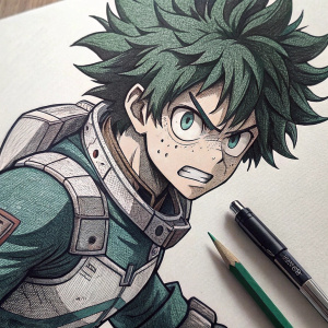 A detailed pencil sketch of Izuku Midoriya (Deku) from My Hero Academia. Dark shaded drawing, showing intense, aggressive expression and dynamic pose.