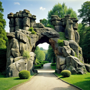 a large public park entrance formed by rocks