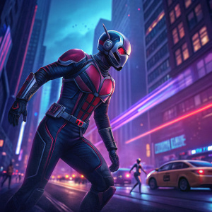 Digital artwork for Ant-Man and The Wasp. Dynamic superheroes in vibrant hues of blue, purple, and red. Background features cityscape with fast-moving vehicles. Highly detailed, visually stunning.