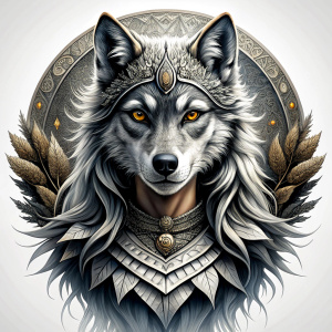 Nordic Godness Ylva She-Wolf - perfect realistic art, high-definition grey and black, white background tattoo design