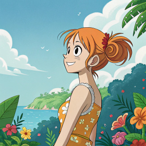 Nami from One Piece, cheerful smile, orange hair tied in twin tails, colorful tropical island background