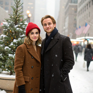 Emma Watson and Will Adamowicz, both Caucasians, posing in a snowy cityscape. Emma wears a brown pea coat and a red beanie. Will sports a black wool coat and matching black mittens. They stand by a Christmas tree with blurred holiday shoppers in the background.