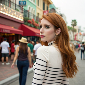Emma Roberts, with long red hair, wearing a white and black striped top, looking directly at the camera in a bustling outdoor scene.