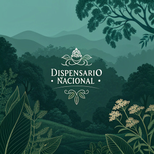 A digital illustration of Dispensario Nacional's logo. Set against a lush green background with intricate patterns of leaves and flora, creating a serene and natural feel. The logo is centrally positioned with a color palette of muted and dark shades of green.
