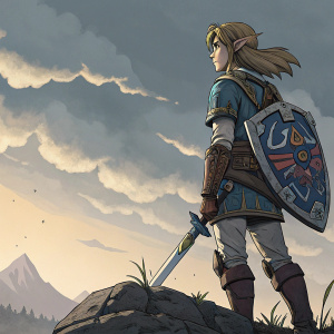 In a breathtaking manga-style illustration, Link from the Legend of Zelda stands heroically. His armor, a masterpiece of detailed craftsmanship, shines against a dramatic sky. The artwork, reminiscent of Studio Ghibli's masterpieces, highlights his unwavering resolve.