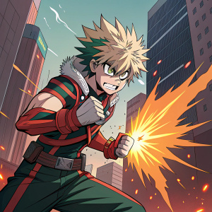 Katsuki Bakugo from My Hero Academia, striking a fierce pose in a digitally illustrated setting. A vivid explosion of color and energy emanates from his fists.