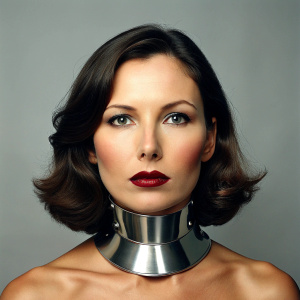 40 yo brunette wearing snug crome metal collar around throat. Dark red lipstick.