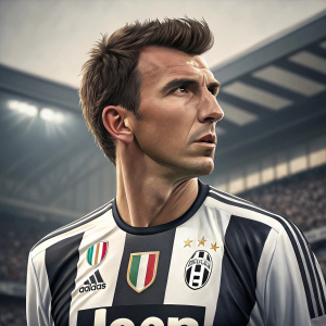 Mario Mandzukic, intense gaze, short brown hair. Wearing Juventus FC jersey with large sponsors logo. Soccer stadium in background, blurred.