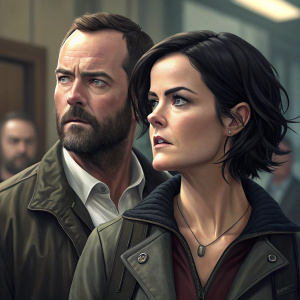 Close-up shot of Sullivan Stapleton and Jaimie Alexander from Blindspot. Indoor setting, actors standing together. Sullivan's beard prominently visible.