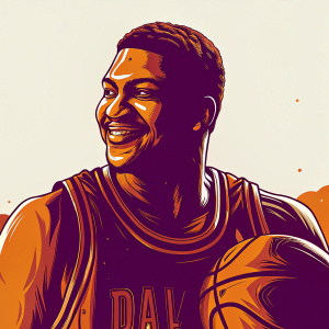 Sketch of Luka Doncic, basketball player, smiling warmly. Wears Dallas Mavericks jersey. Artwork in earthy tones