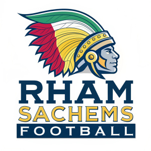 A vibrant logo for RHAM SACHEMS FOOTBALL. The stylized 'R' and text 'RHAM SACHEMS FOOTBALL' are merged in an athletic design, with a harmonious blend of colors and supporting text.